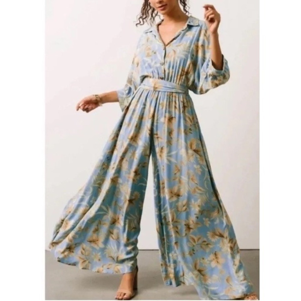 Baltic Born Escondido Floral Wide Leg Jumpsuit Blue Floral Womens Small